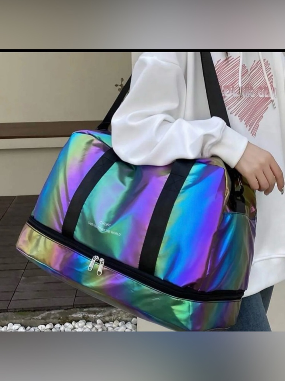 Holographic Iridescent Travel Duffle Bag with Bottom Compartment